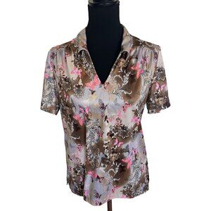 Vtg Sara Morgan Womens Top Butterfly Print Blouse Medium Brown Pink 80s